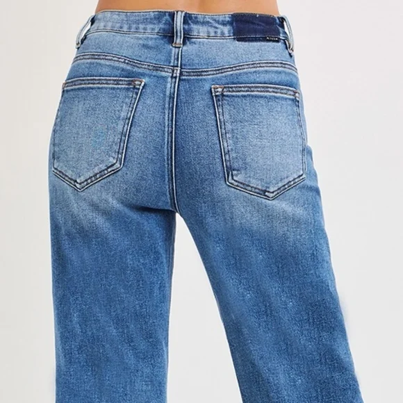 RISEN Barrel Jeans High-rise Boyfriend Vertical Seam Cropped Denim Distressed - Picture 7 of 16